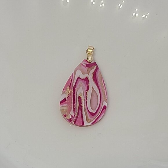 Beautiful Pink Marble Gemstone Agate Gold Large Boho Western Teardrop Pendant - Picture 3 of 8